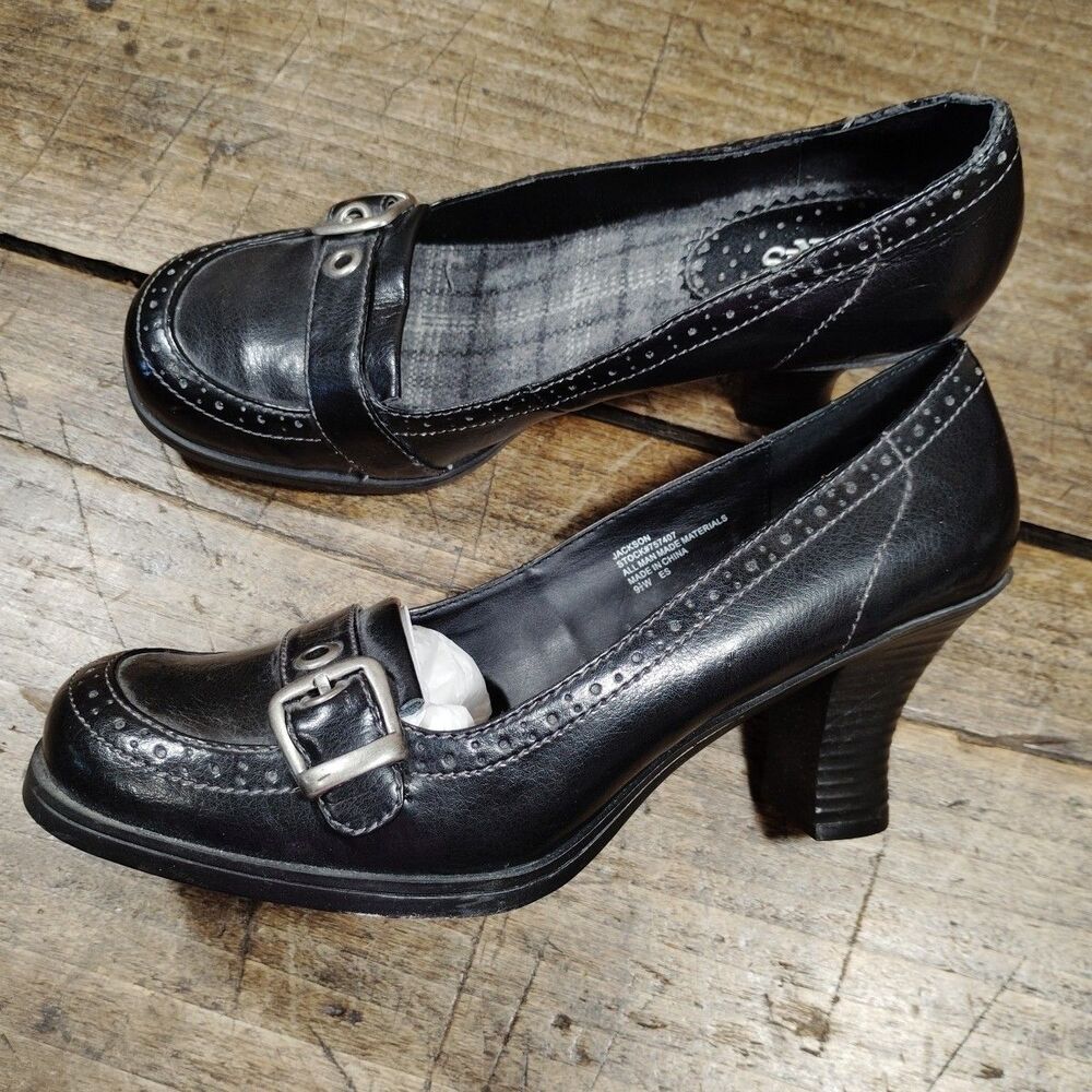 HOT CAKES Heels 9.5 W WIDE Black Slip-On Buckle Shoes Vintage Jackson Retro READ